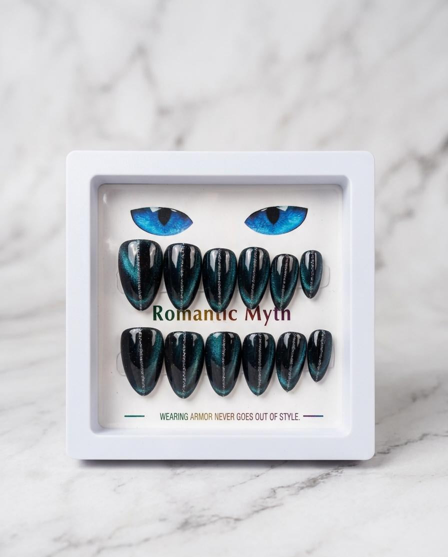 Cats eye nail almond shape (bold teel shimmer)