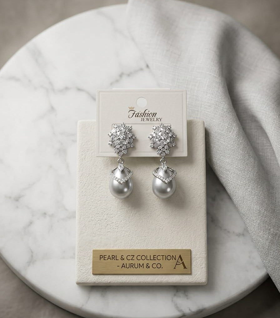 Crystal and pearl drop silver carat earrings