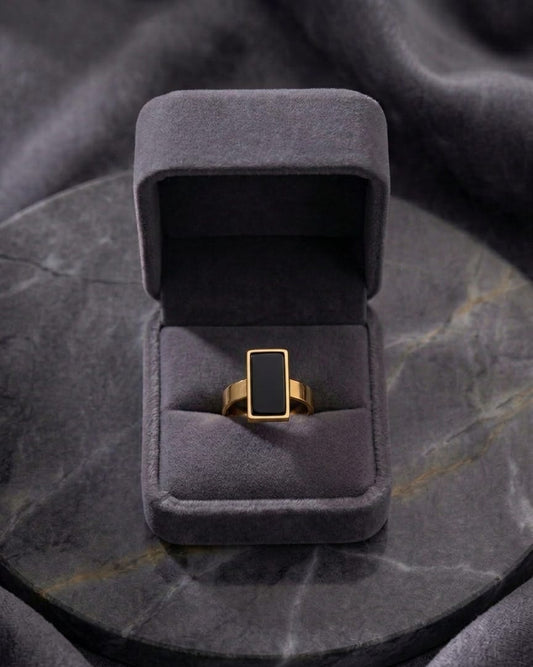 Stainless steel gold black stone ring (size 7)