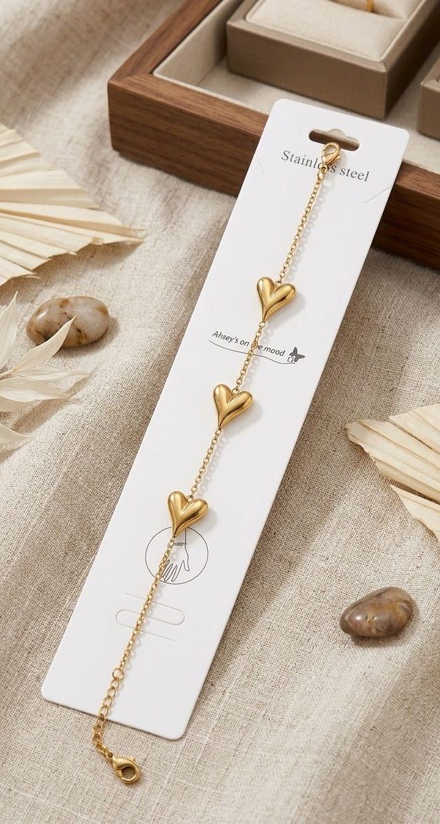 Stainless steel golden puffed heart chain bracelet
