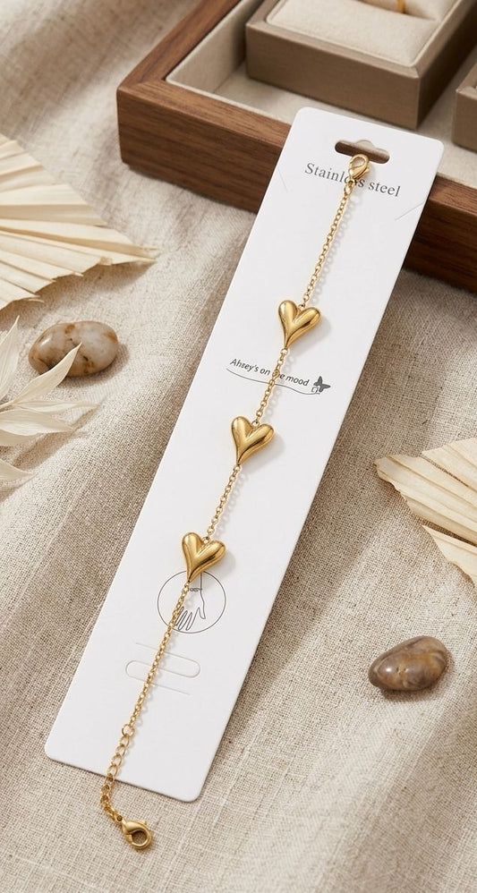 Stainless steel golden puffed heart chain bracelet